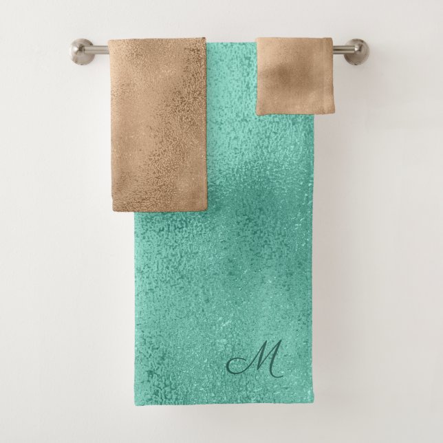 Conjunto De Toalhas Design de Teal e Shimmer Castanho Monograma (Insitu)