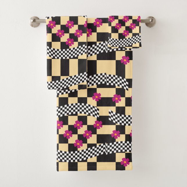 Conjunto De Toalhas Design de Xadrez Retro com Flores (Insitu)