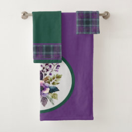 Conjunto De Toalhas Design Floral Xadrez Verde Roxo