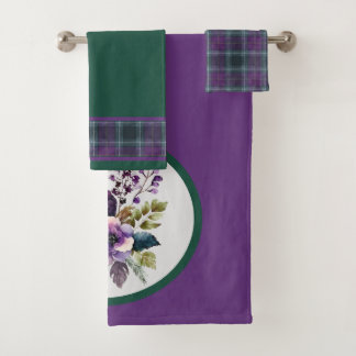 Conjunto De Toalhas Design Floral Xadrez Verde Roxo