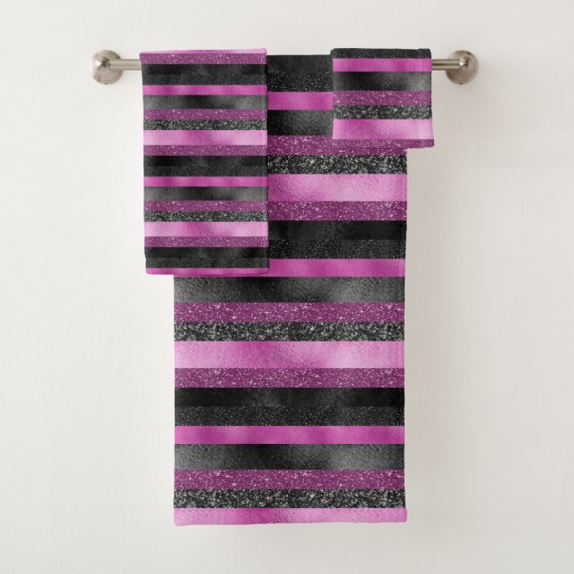Conjunto De Toalhas Design Glamouroso com Listras de Brilho Rosa e Pre (Insitu)