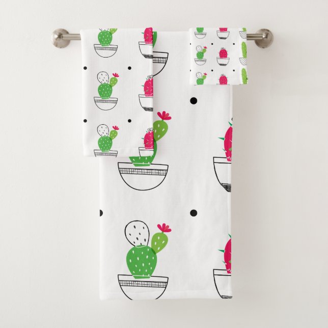 Conjunto De Toalhas Design verde-rosa padrão Cactus (Insitu)