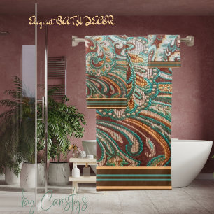 Conjunto De Toalhas Designer Brocade em Brown, Teal e Dourado