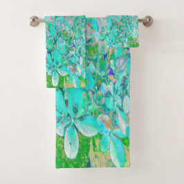 Conjunto De Toalhas Detalhe de Hortênsia Elegante Aqua e Verde Limelig