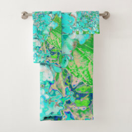 Conjunto De Toalhas Detalhe de Hortênsia Elegante Aqua e Verde Limelig