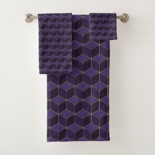 Conjunto De Toalhas Detalhes do ouro e hexágonos roxos reais