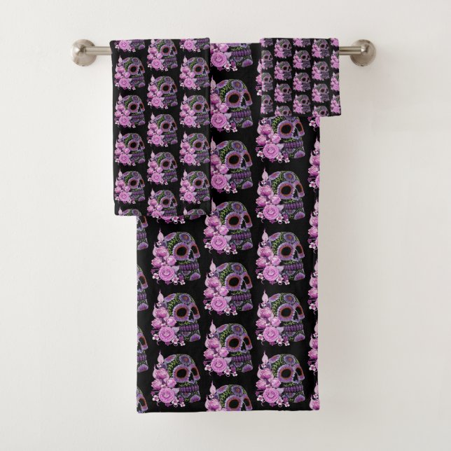 Conjunto De Toalhas Dia da Morte - Pano De Açúcar Preto, Floral, Rosa (Insitu)