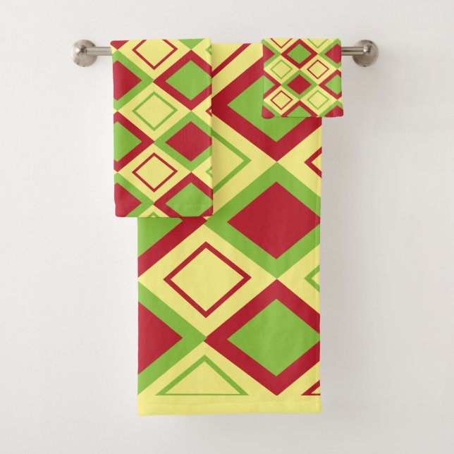 Conjunto De Toalhas Diamante Verde Vermelho Geométrico (Insitu)