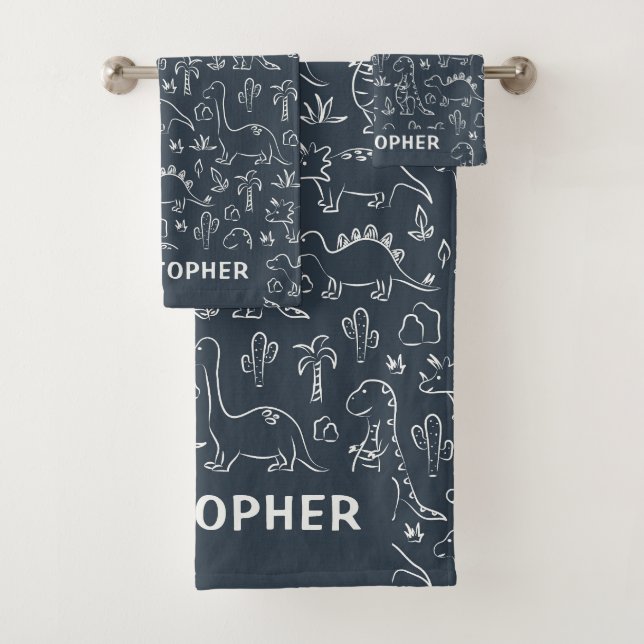 Conjunto De Toalhas Dinosaurs Boy Name Dino Cute Jungle Dark Blue (Insitu)