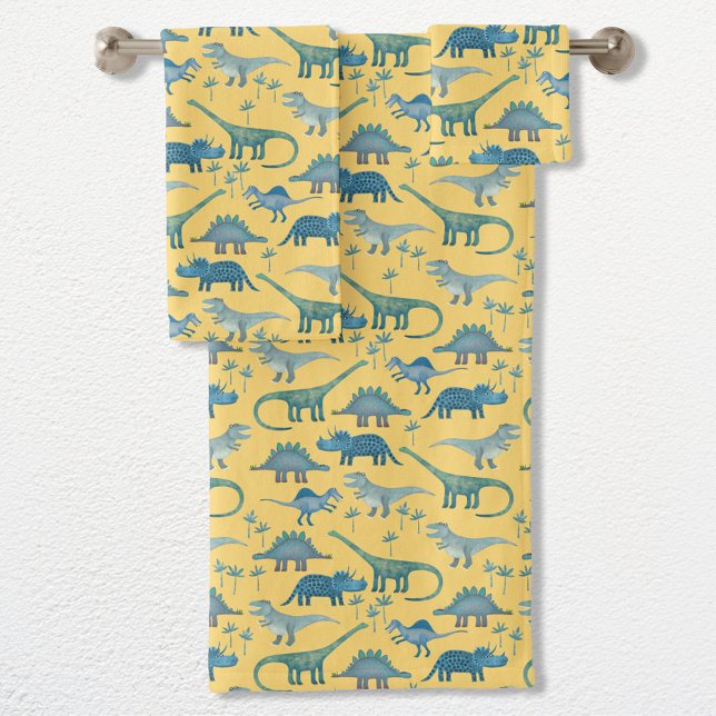 Conjunto De Toalhas Dinossauro Gato Amarelo (Fun prehistoric dinosaur pattern towel set for paleontologists of all ages)