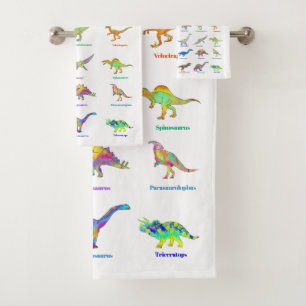 Conjunto De Toalhas Dinossauros Coloridos com nomes Padrão Azul-Verde