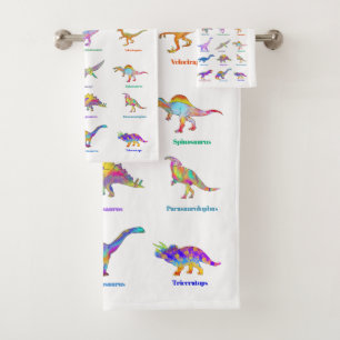Conjunto De Toalhas Dinossauros Coloridos com nomes rosa