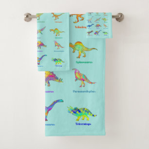 Conjunto De Toalhas Dinossauros com nomes Padrão Colorido Azul-verde