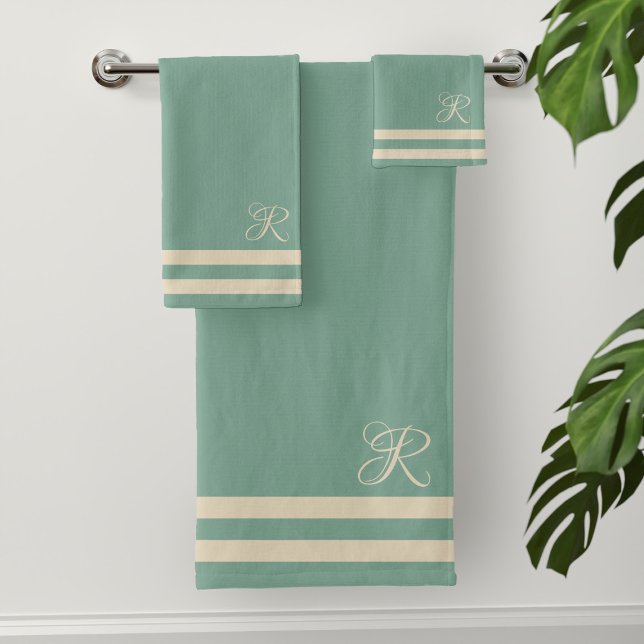 Conjunto de Toalhas do Marinheiro de Turquesa Mode (Sea green and cream sailor stripe bath towel set with your initial)