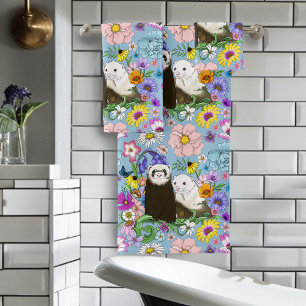 Conjunto De Toalhas Doce Par de Furões Florais Azuis Caprichosos