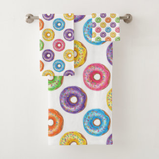 Conjunto De Toalhas Donuts Coloridos com Glacê e Confeitos à Aguarela
