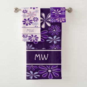 Conjunto De Toalhas Dótulo De Flor De Indigo Rosa Violeta Monograma