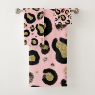 Conjunto De Toalhas Dourada cor-de-rosa e Impressão de Leopardo Negro