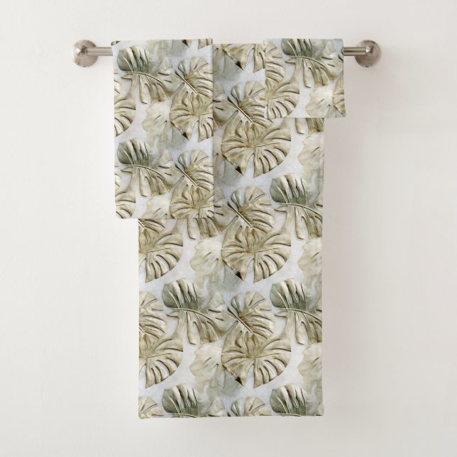 Conjunto De Toalhas Dourada faixa de folhas tropicais verdes (Insitu)