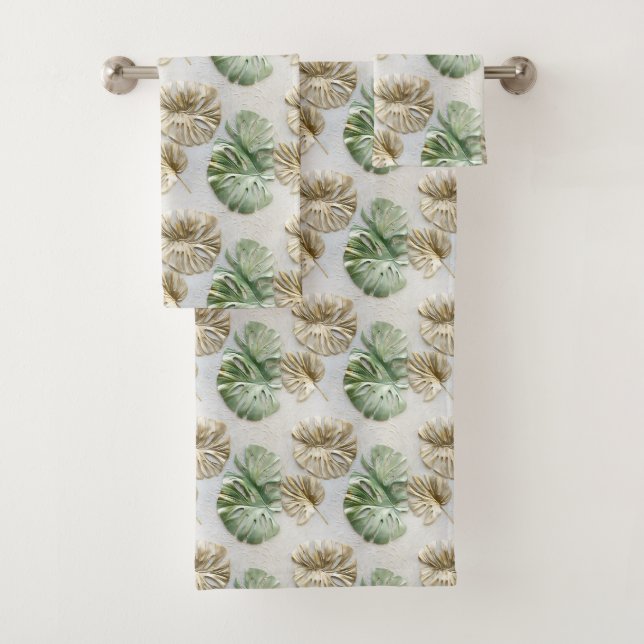 Conjunto De Toalhas Douradas Folhas Tropicais Brancas Verde (Insitu)