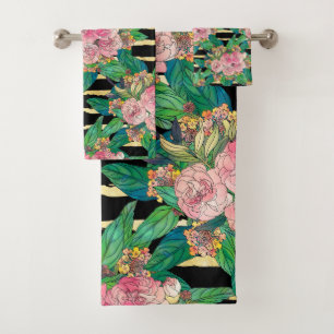 Conjunto De Toalhas Douradas Tiras cor-de-rosa de tendência Design