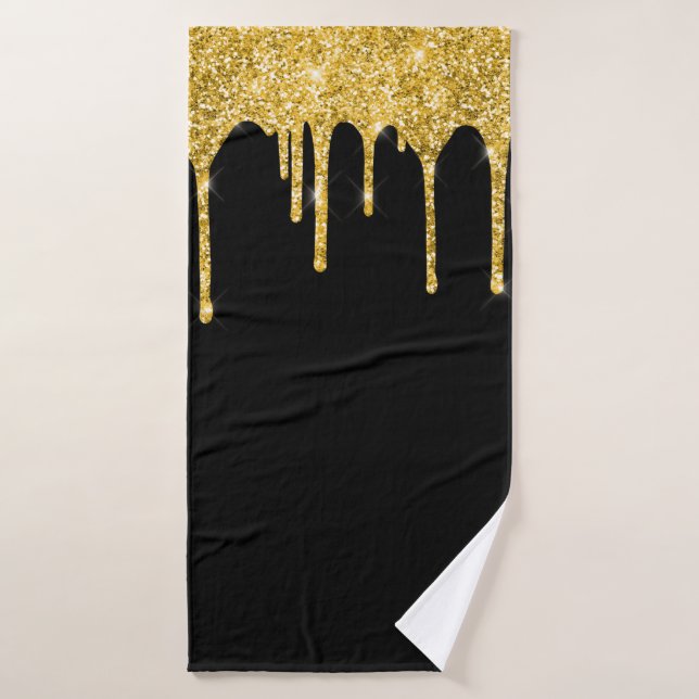 Conjunto De Toalhas Dourado Chic Brilho Gotas Brilha Preto (Toalha de Banho)