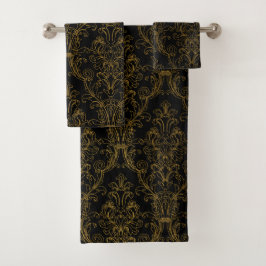 Conjunto De Toalhas Dourado contorno - Damasco Floral Preto
