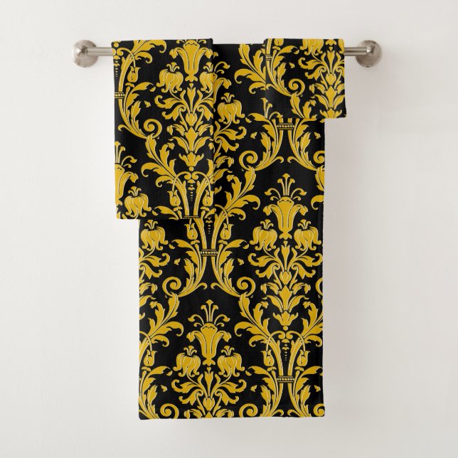 Conjunto De Toalhas Dourado Damasco Floral A Preto (Insitu)