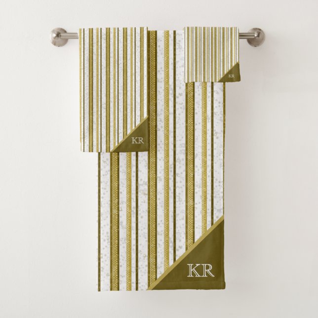 Conjunto De Toalhas Dourado Elegante Stripes Castanho Moderno Monogram (Insitu)