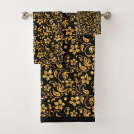 Conjunto De Toalhas Dourado Floral brilhante preto