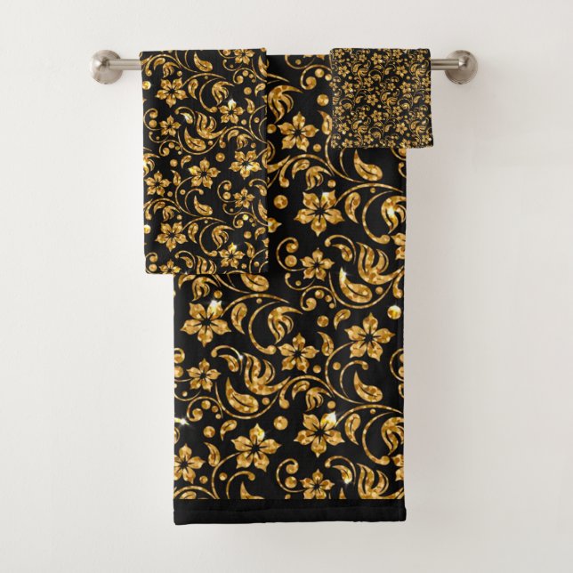 Conjunto De Toalhas Dourado Floral brilhante preto (Insitu)