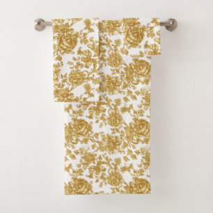 Conjunto De Toalhas Dourado Floral Damask Peony Rosa