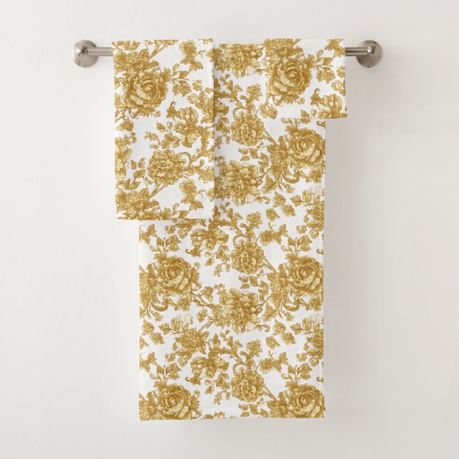 Conjunto De Toalhas Dourado Floral Damask Peony Rosa (Insitu)