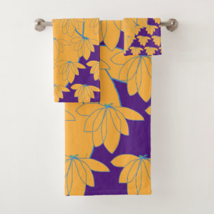 Conjunto De Toalhas Dourado Floral em Roxo Real