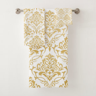 Conjunto De Toalhas Dourado no damasco floral branco