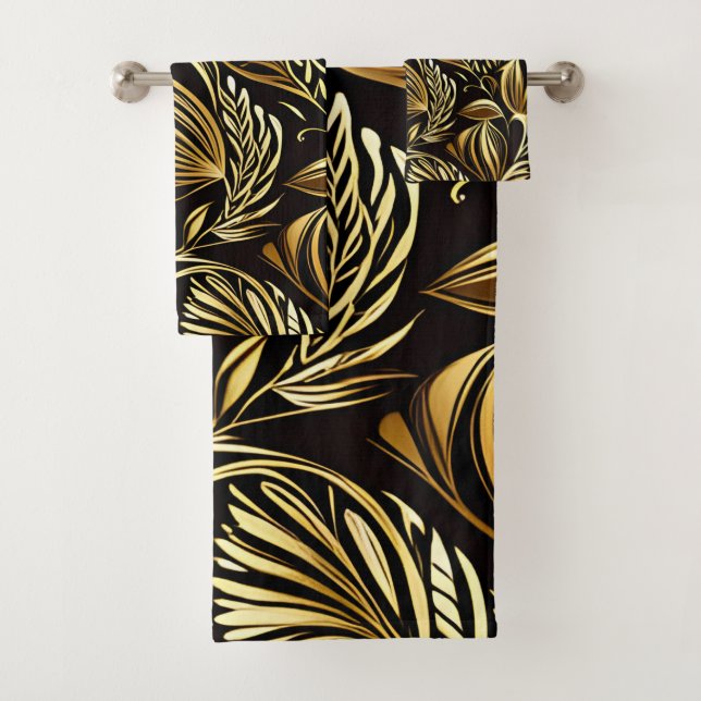 Conjunto De Toalhas Dourado Padrão Floral A Preto (Insitu)