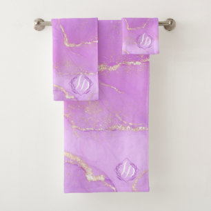 Conjunto De Toalhas Dourado Rosa Marmoreado Monograma