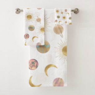 Conjunto De Toalhas Dourado Sun Moon Planets Space Ilustração Branca