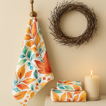 Conjunto de Toalhas Dourado Teal Laranja Folhas de