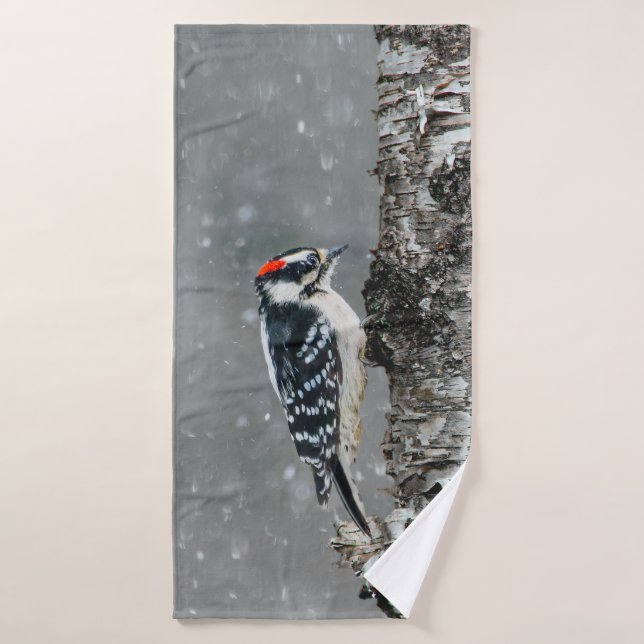 Conjunto De Toalhas Downy Woodpecker em Neve - Foto Original (Toalha de Banho)
