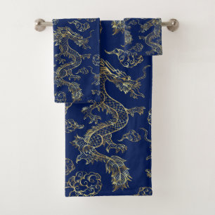 Conjunto De Toalhas Dragão Chinês Dourado e Azul Escuro