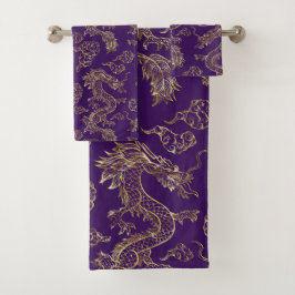 Conjunto De Toalhas Dragão Chinês Dourado e Roxo Escuro