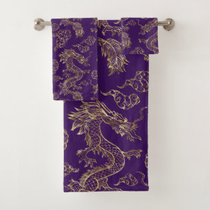 Conjunto De Toalhas Dragão Chinês Dourado e Roxo Escuro