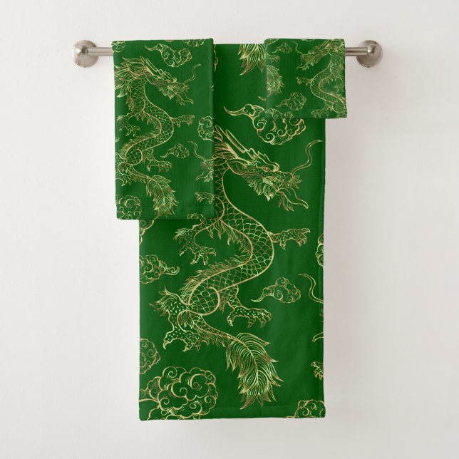 Conjunto De Toalhas Dragão Chinês Dourado e Verde Escuro (Insitu)