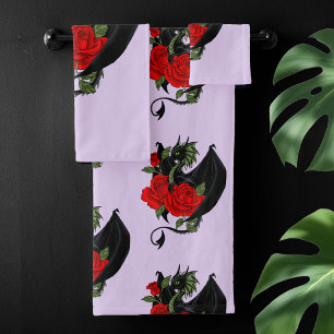Conjunto De Toalhas Dragão Preto Místico Rosas Vermelhas Lavanda Gótic