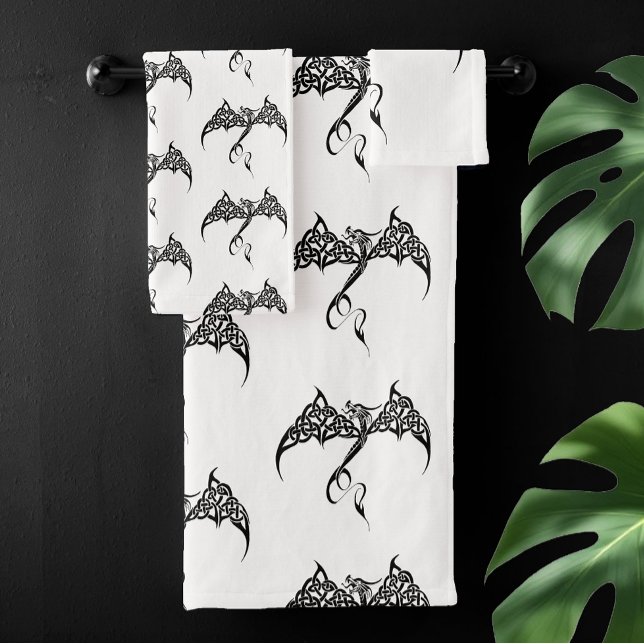 Conjunto De Toalhas Dragão Tribal Celta com Entrelaçamento Preto Branc (Criador carregado)