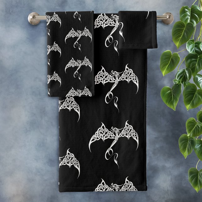 Conjunto De Toalhas Dragão Tribal Celta em Entrelaçado Preto Branco Fa (Criador carregado)