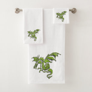 Conjunto De Toalhas Dragão Verde em Branco