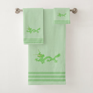 Conjunto De Toalhas Dragão Verde Personalizado & Três Listras em Verde