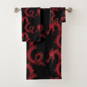 Conjunto De Toalhas Dragões chineses vermelhos & preto do estilo de